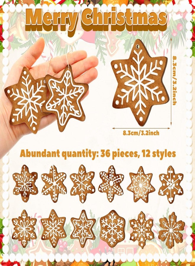 Quzzil 36 Pcs Christmas Gingerbread Ornaments for Tree Mini Snowflake Wooden Hanging Winter Xmas Ornaments with Ropes for Christmas Party Holiday Winter Crafts(Brown,Snowflake) - Image 3